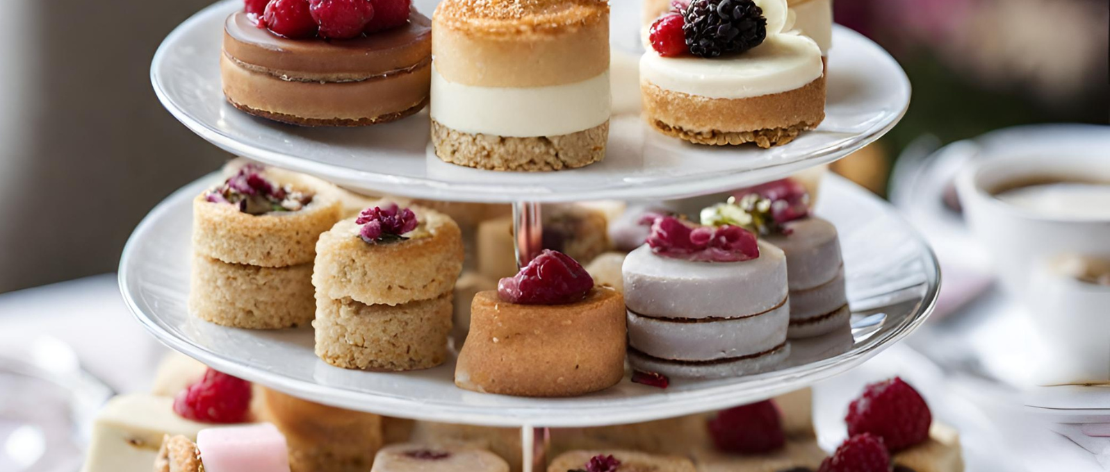 a three-tiered serving dish filled with various small desserts and pastries